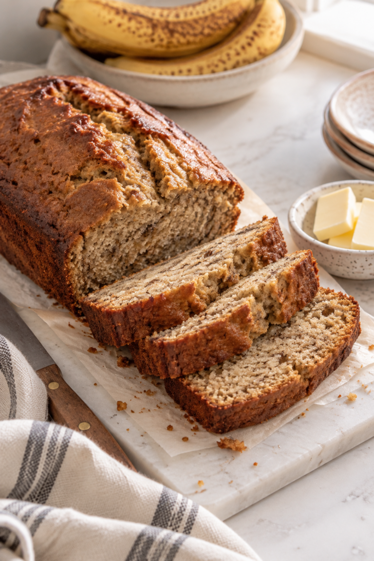 banana bread recipe sliced to show a soft, moist