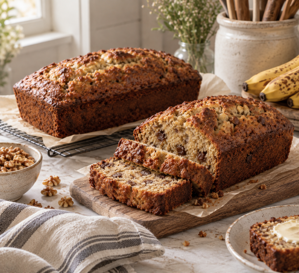 Easy banana bread recipe sliced to show a soft, moist crumb