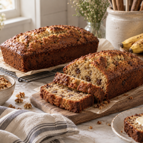 Easy banana bread recipe sliced to show a soft, moist crumb