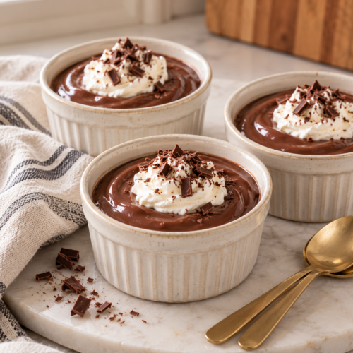 hree ramekins of homemade chocolate pudding topped with whipped cream and chocolate shavings with gold spoons.