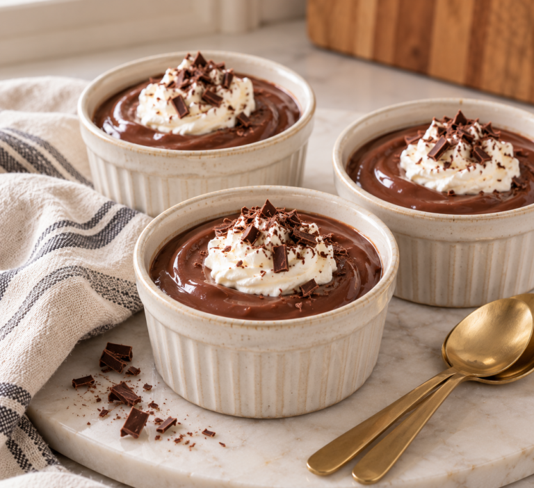 hree ramekins of homemade chocolate pudding topped with whipped cream and chocolate shavings with gold spoons.